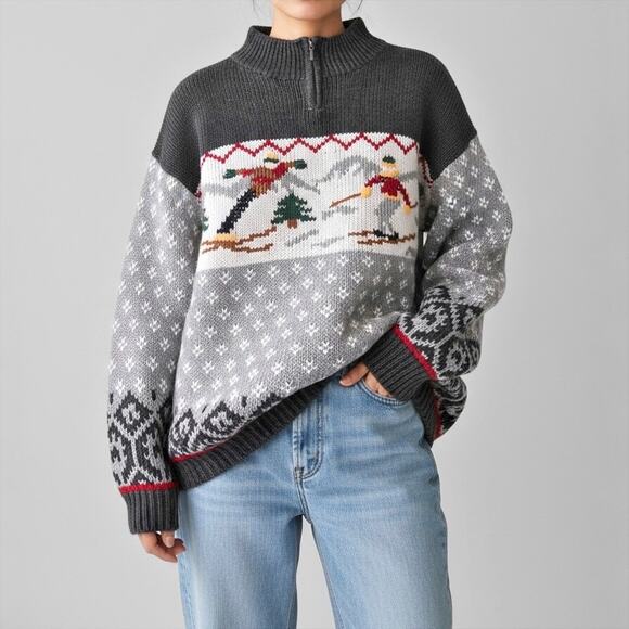 90s Apres Ski Quarter Zip Henley Sweater 1/4 Fair Isle Nordic Cabincore Alpine S - Picture 1 of 12